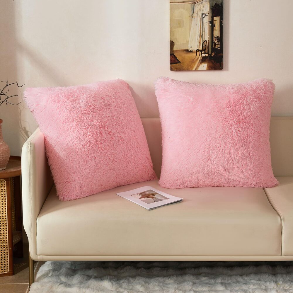 7594 26x26 Fluffy Faux Fur Euro Throw Pillow Covers, Set of 2 Shaggy Fuzzy